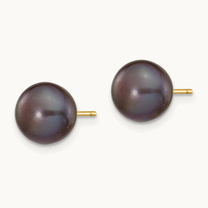 Black Button Freshwater Cultured Pearl Stud Post Earrings — 14K Yellow Gold