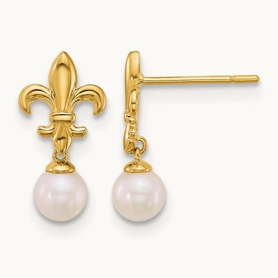 Polished Fleur de Lis FWC Pearl Post Dangle Earrings, 4mm, 14K