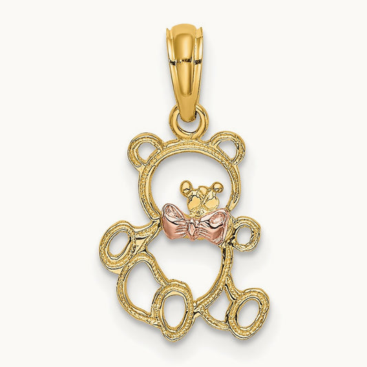 Cut-out Teddy Bear w/ Bow Tie Charm, 14K Two-tone
