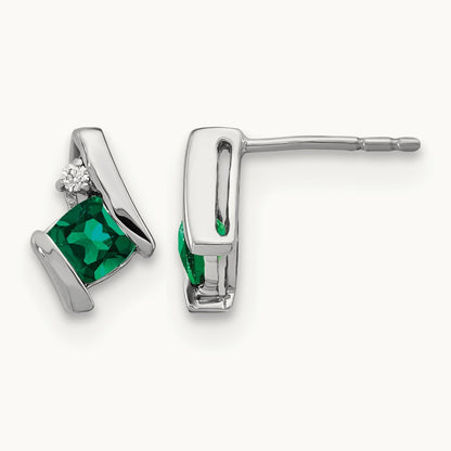 Cushion Cr. Emerald and Diamond Earrings, 14K White Gold
