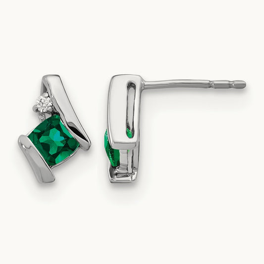 Cushion Cr. Emerald and Diamond Earrings, 14K White Gold