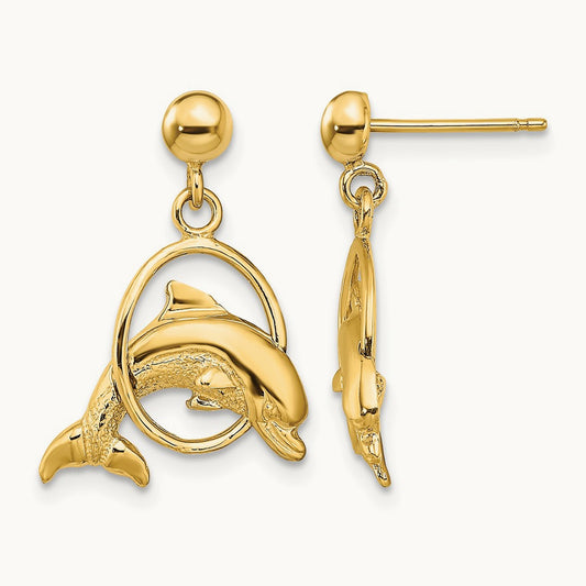 2-D Polished Dolphin Jumping Through Hoop Earrings, 14K