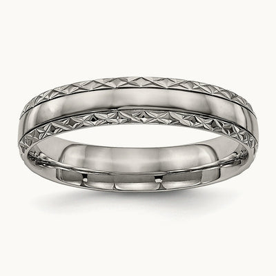Polished Grooved Criss Cross Design Band, 5mm, Titanium