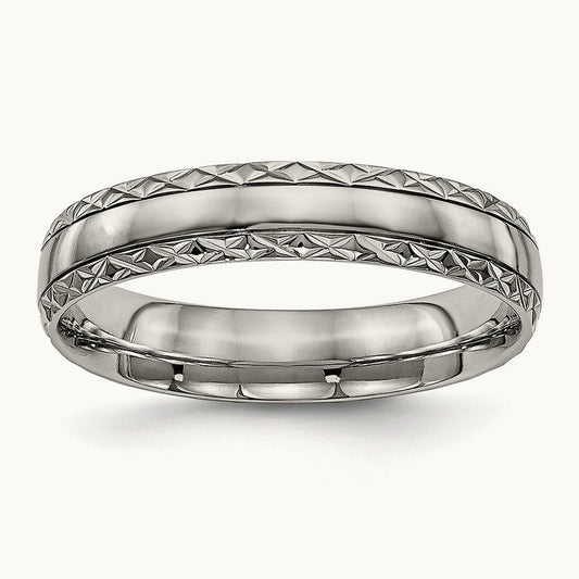 Polished Grooved Criss Cross Design Band, 5mm, Titanium