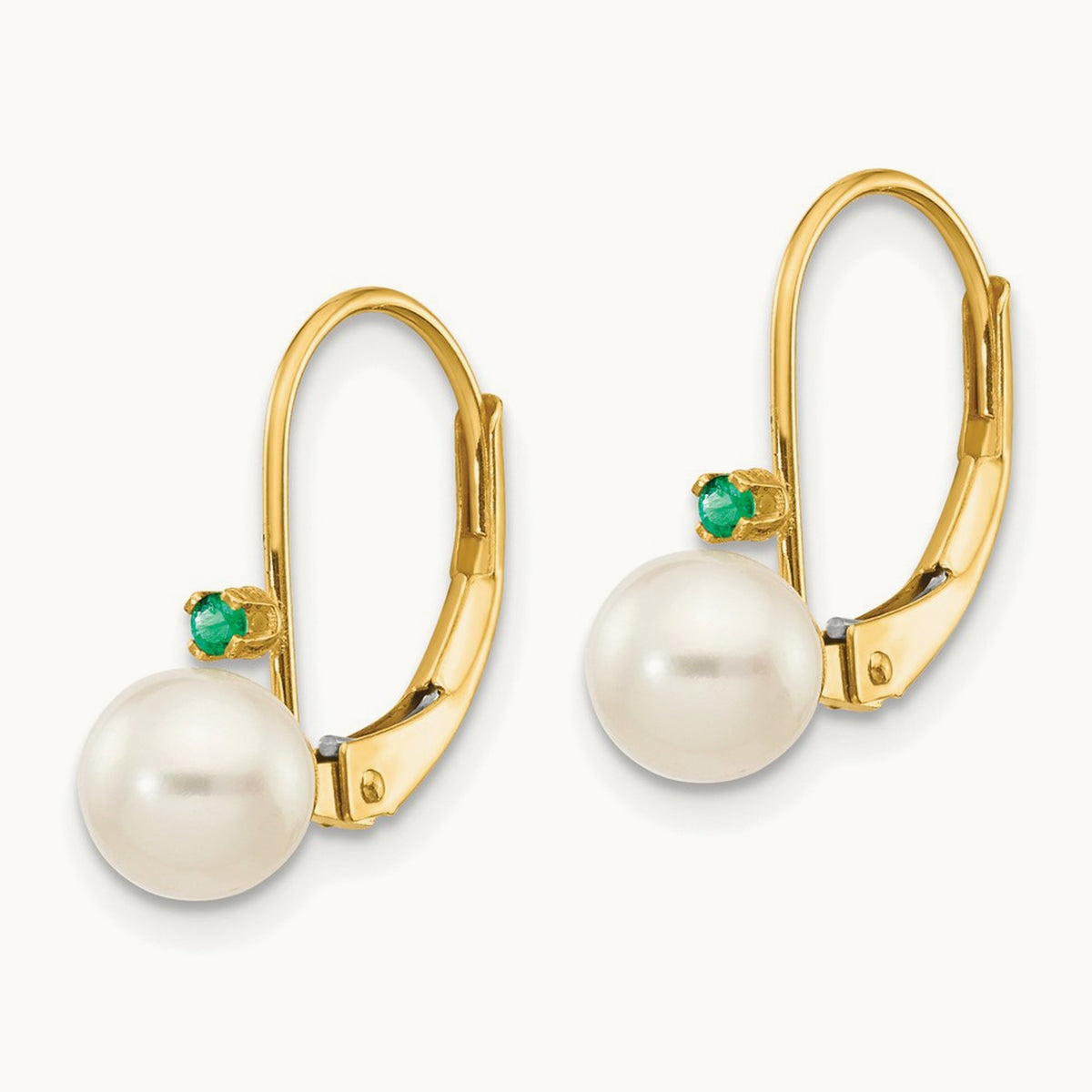5- White Round FW Cultured Pearl Emerald Leverback Earrings, 5.5mm, 14K