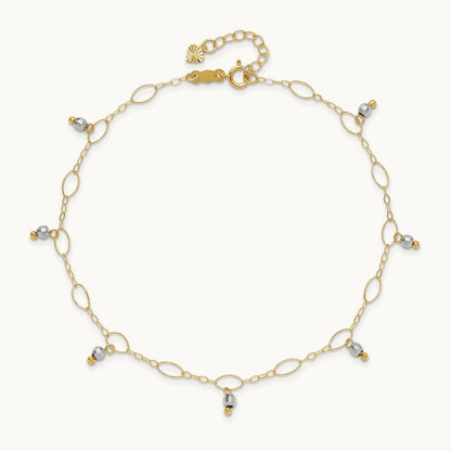 Mirror Beaded 9in Plus 1in ext. Anklet, 14K Two-tone