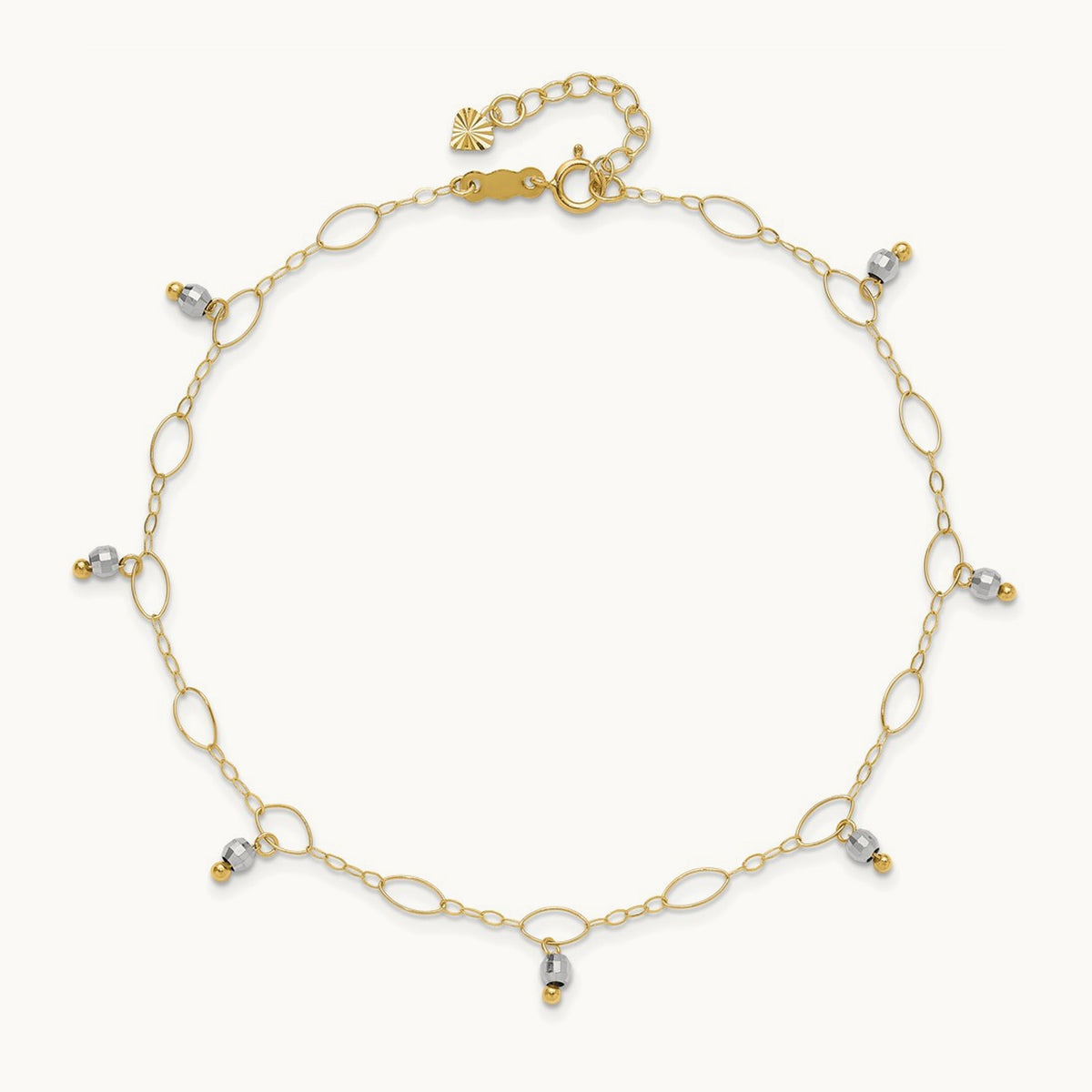 Mirror Beaded 9in Plus 1in ext. Anklet, 14K Two-tone