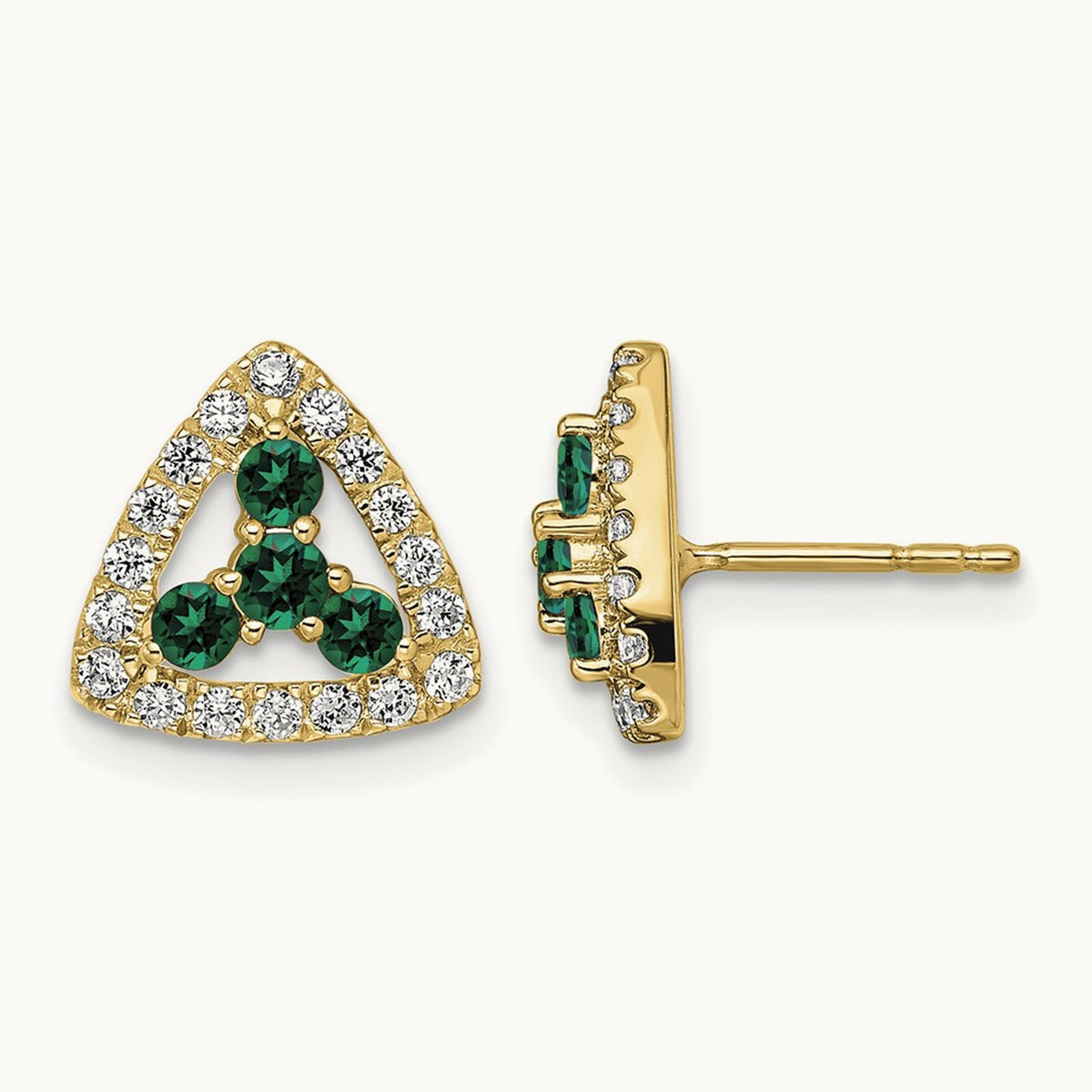 Created Emerald Triangle Post Earrings, 0.25 ct tw Lab-Grown Diamond — 14K Yellow Gold