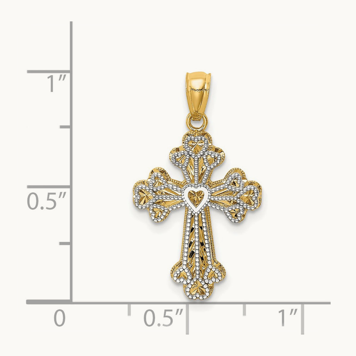 Polished Filigree 2 Level Heart Cross Pendant, 14K Two-tone