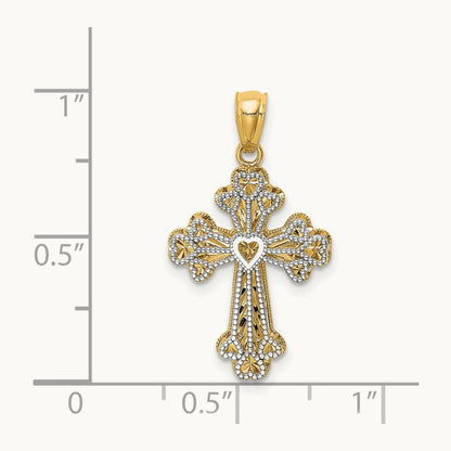 Polished Filigree 2 Level Heart Cross Pendant, 14K Two-tone