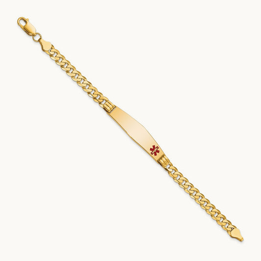 Medical Soft Diamond Shape Red Enamel Curb Link ID Bracelet, 14K