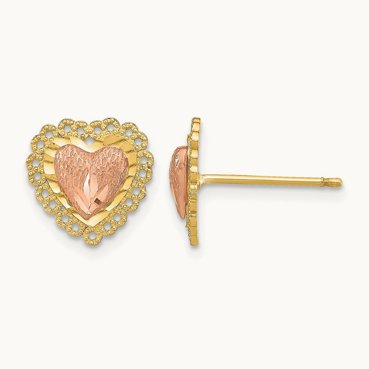 D/C Heart w/ Lace Trim Post Earrings, 14K Two-tone