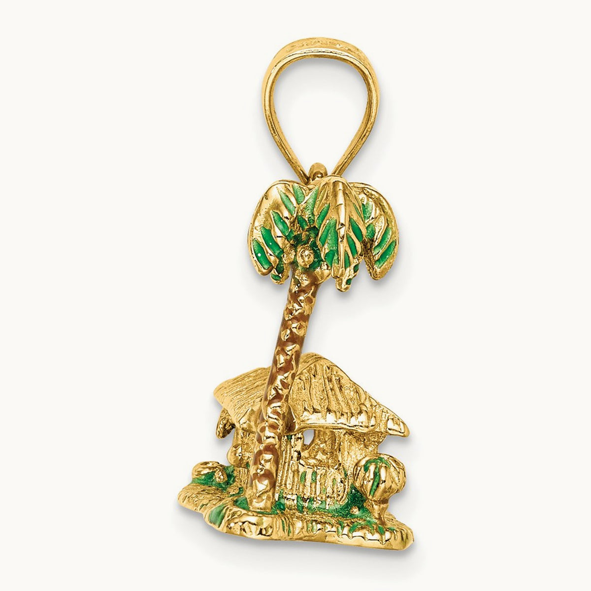 3-D W/Enamel Palm Tree and Hut Charm, 14K