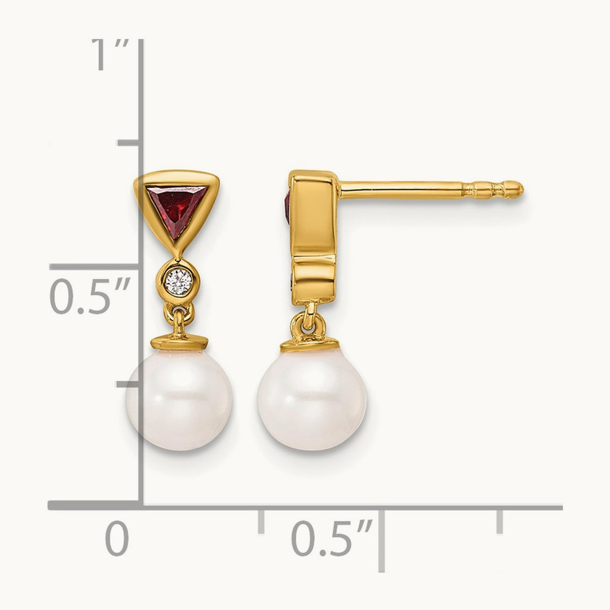 Polished Diamond and Ruby Pearl Dangle Post Earrings, 14K