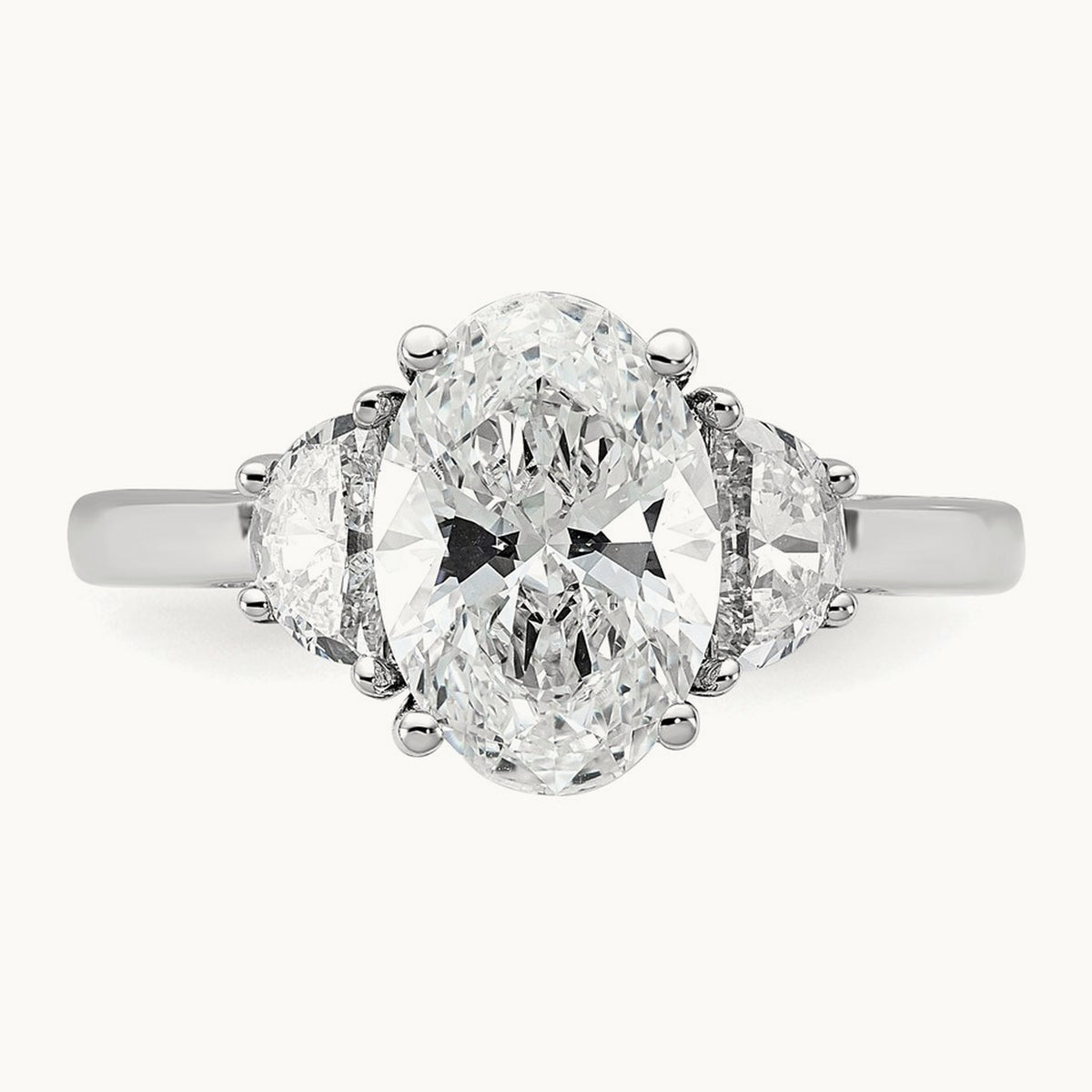 1/2ct Lab Grown Dia VS+ F+ 1/2 Moon&2ct Oval Semi 3 Stone Eng Ring, 14K White Gold