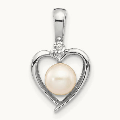 Freshwater Cultured Pearl and Diamond Heart Pendant — 14K White Gold