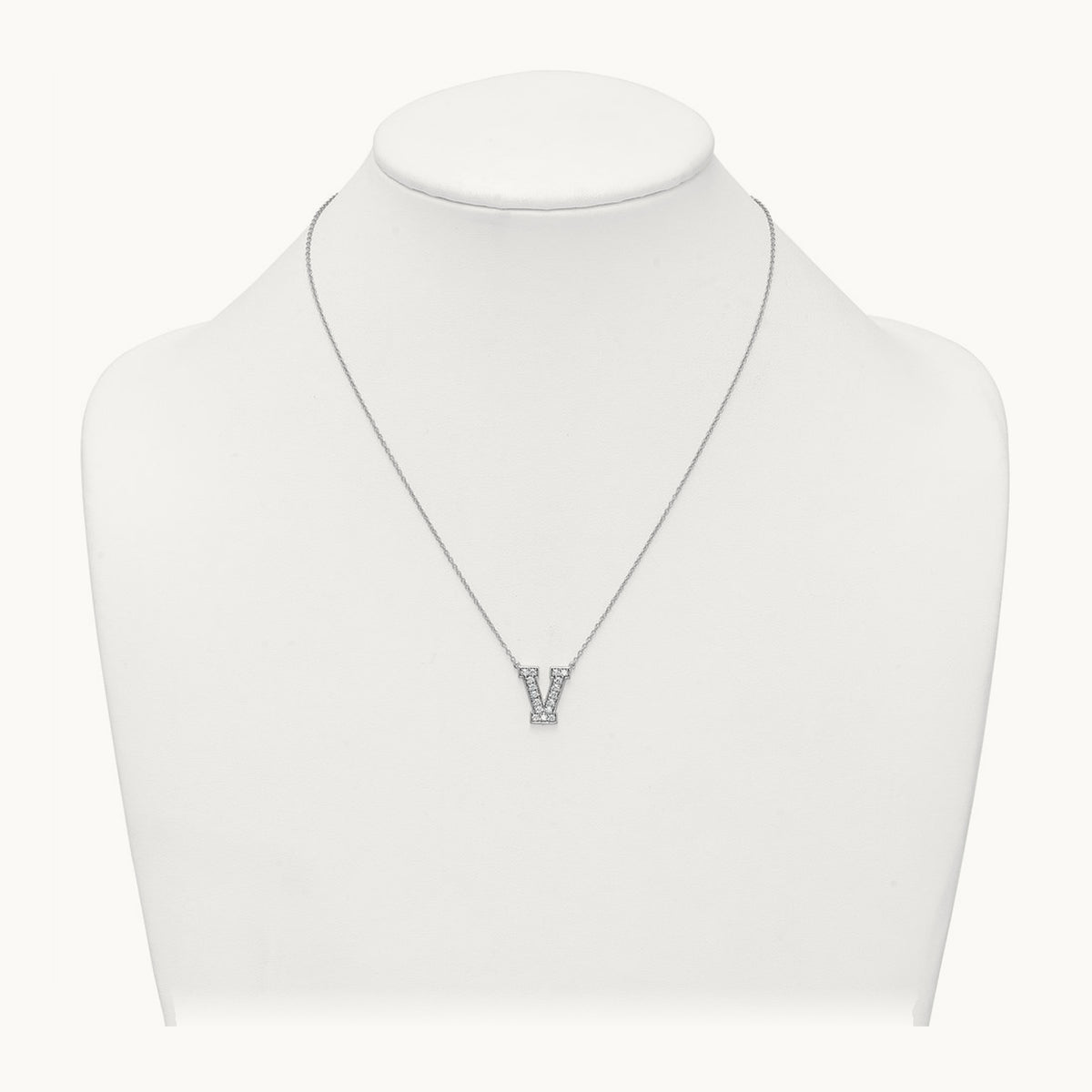 Initial Necklace — 14K White Gold, V, 3/8 ct