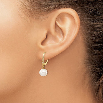 Round Freshwater Cultured Pearl Diamond Leverback Earrings — 14K Yellow Gold