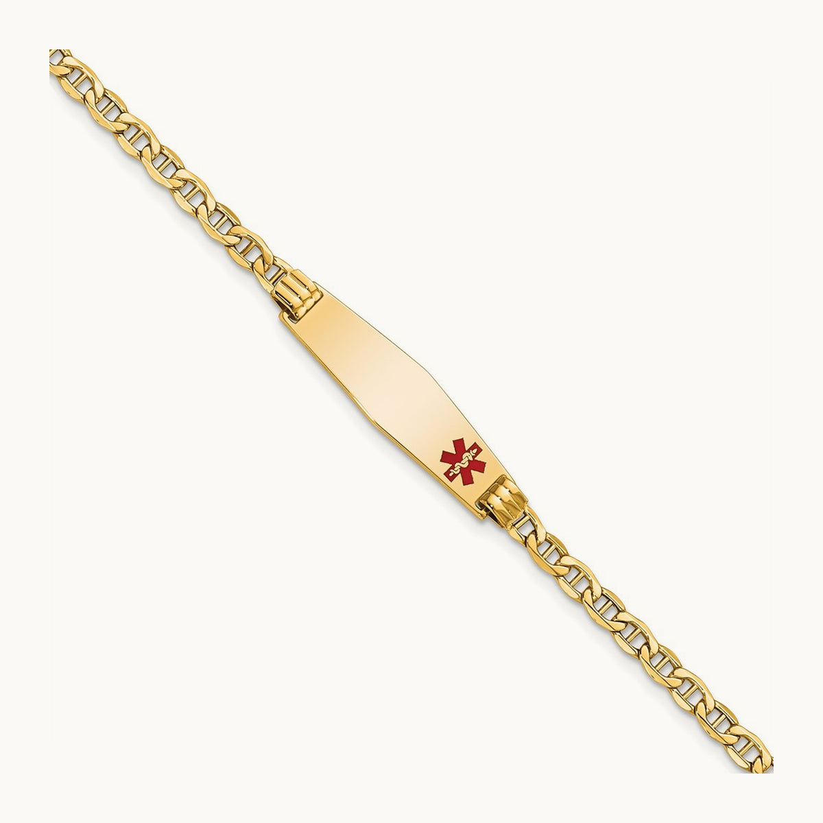 Medical Semi-solid Soft Diamond Shape Red Enamel Anchor ID Bracelet, 14K