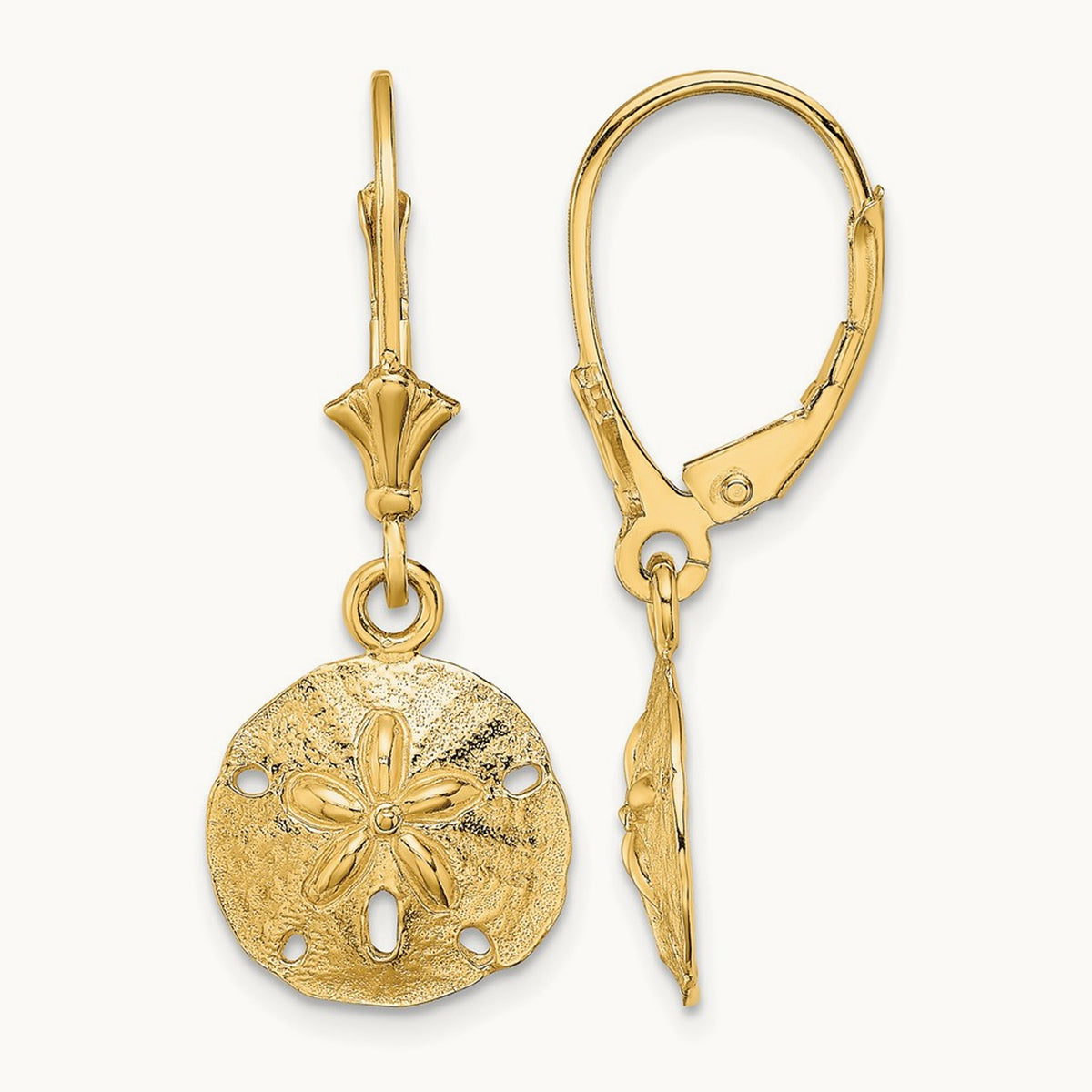 Polished Sand Dollar Leverback Earrings — 14K Yellow Gold