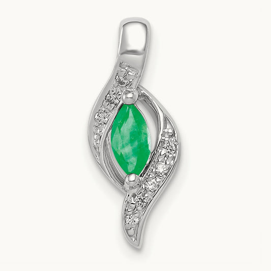 Diamond and Marquise Emerald Pendant — 14K White Gold, 0.039 ct