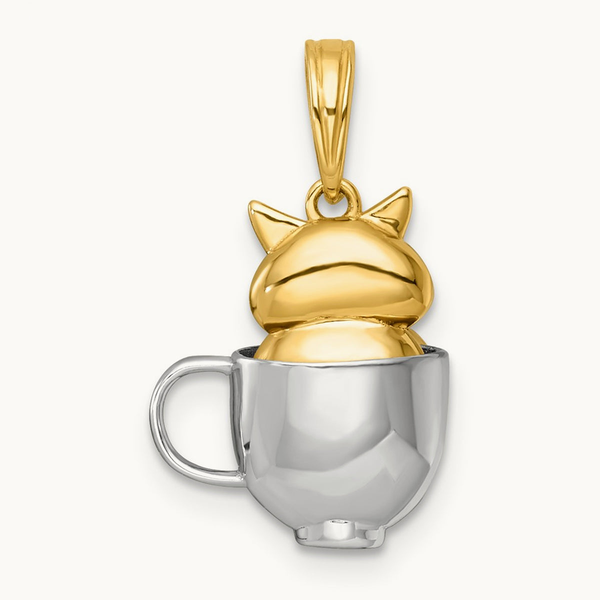 Polished 3-D Cat In Mug Charm, 14K with White Rhodium