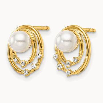 Polished Diamond and Pearl Ovals Drop Post Earrings, 14K