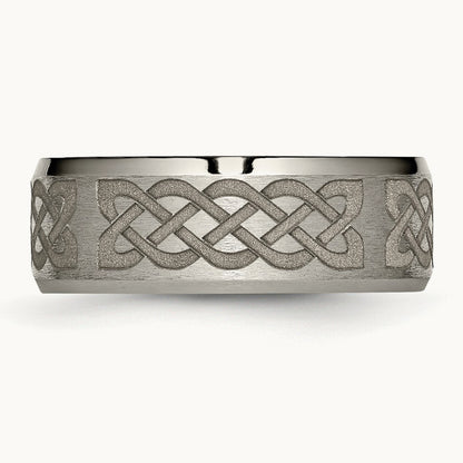 Brushed & Polished Celtic Laser Design Beveled Edge Band — photo set