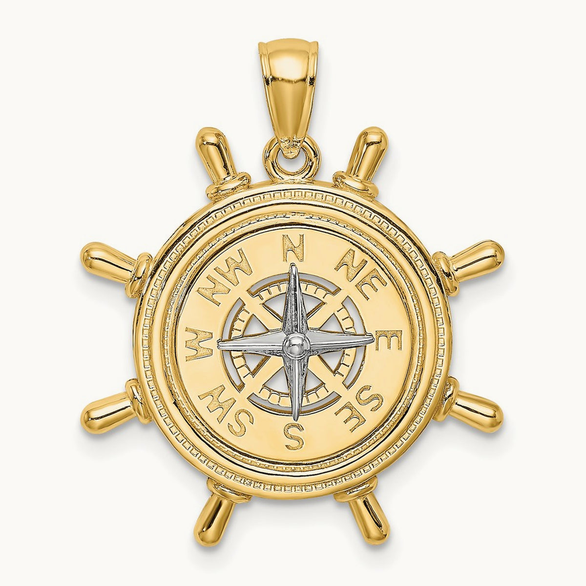 Ship's Wheel w/ Nautical Compass Charm, 14K Two-tone