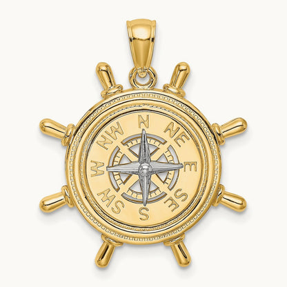 Ship's Wheel w/ Nautical Compass Charm, 14K Two-tone