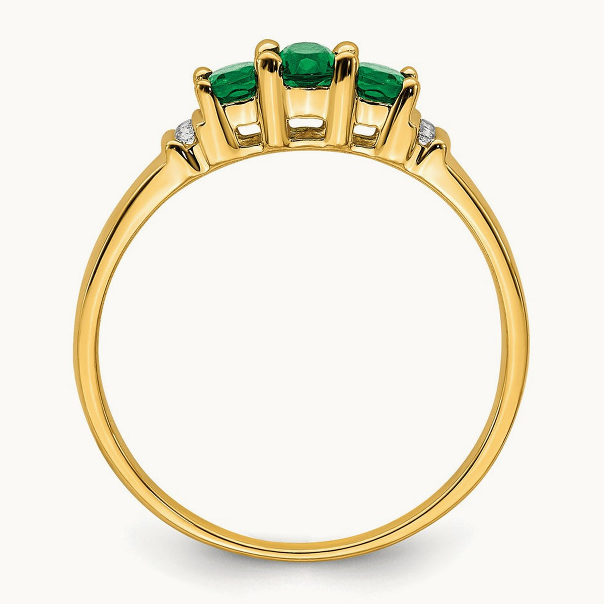 Polished Triple Emerald and Diamond 3-stone Ring, 14K