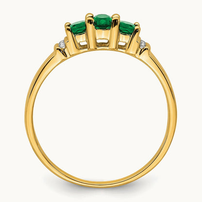 Polished Triple Emerald and Diamond 3-stone Ring, 14K