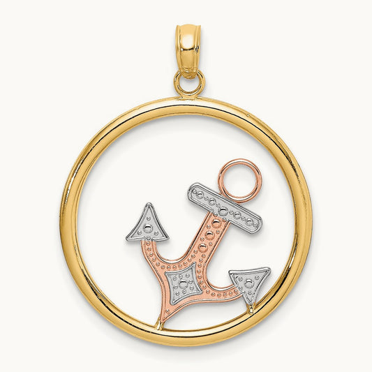 w/White Rhodium Anchor In Circle Charm, 14K Two-tone
