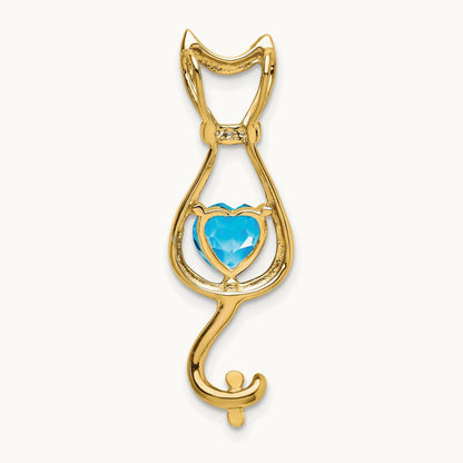 Blue Topaz and Diamond Cat Pendant — 14K Yellow Gold
