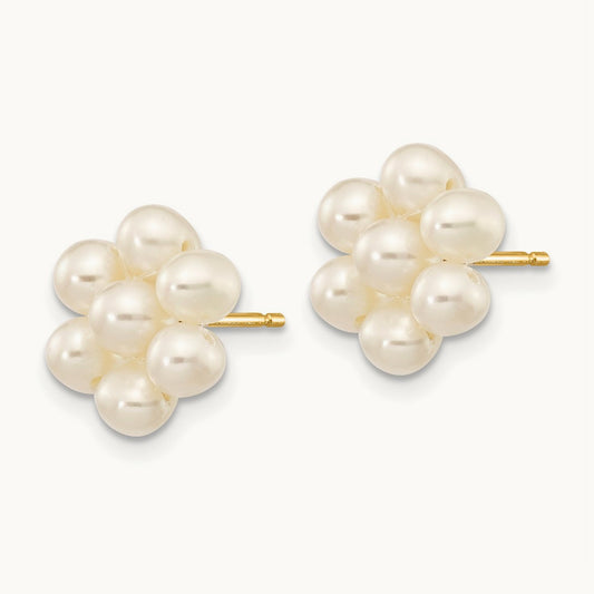 3- White Egg Freshwater Cultured Pearl Flower Earrings, 4mm, 14K