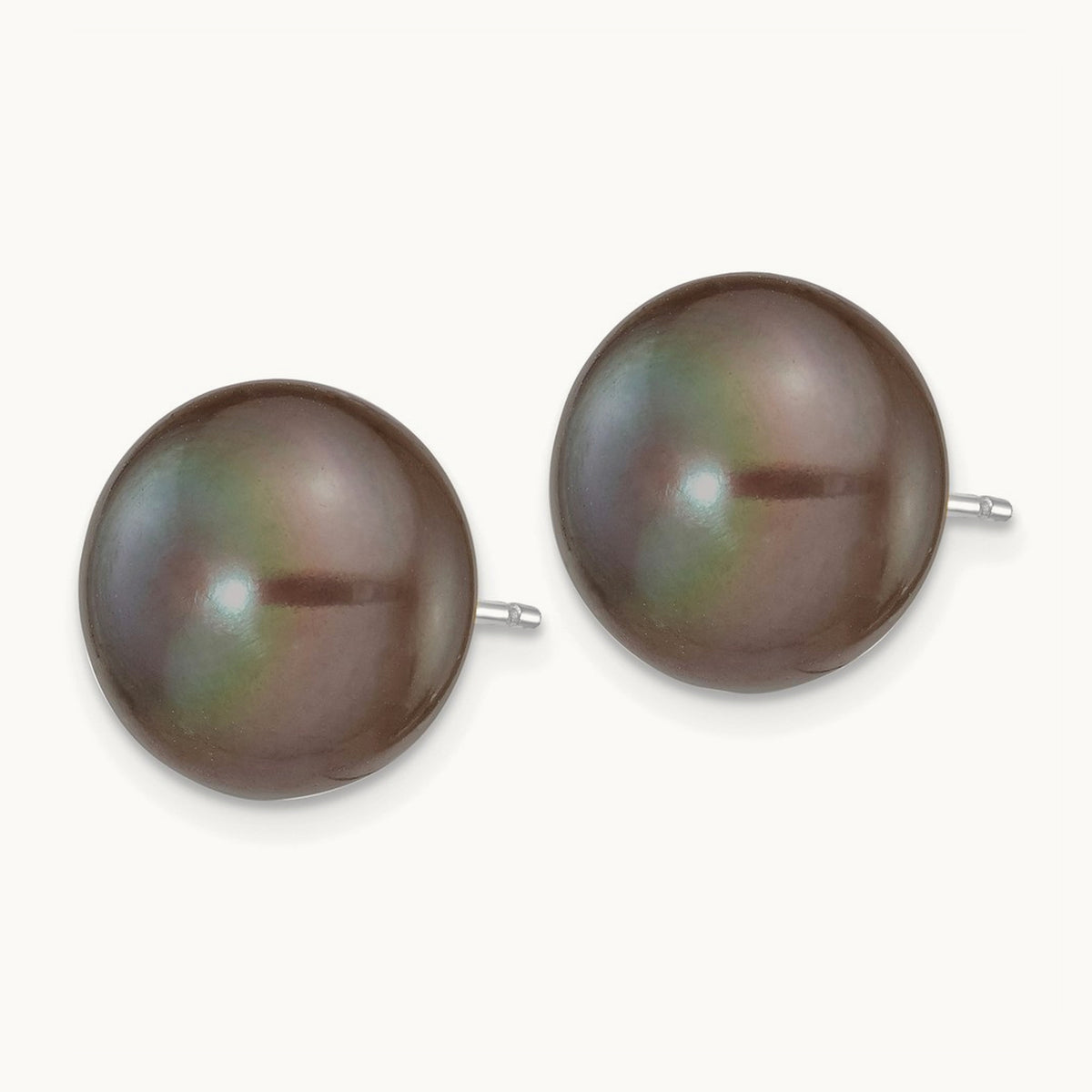 Black Button Freshwater Cultured Pearl Stud Post Earrings — 14K White Gold