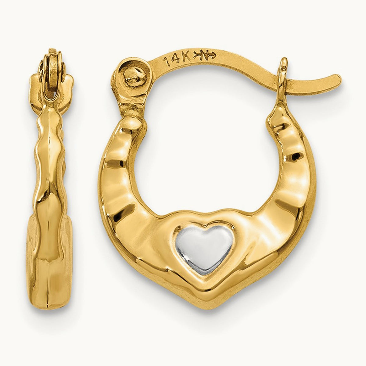 & Rhodium Heart Hollow Hoop Earrings, 14K