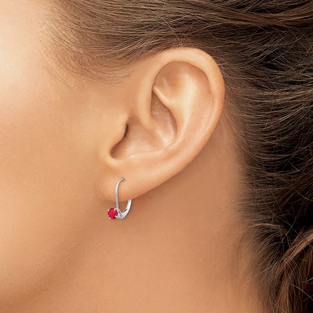 Round July/Ruby Leverback Earrings — 14K White Gold