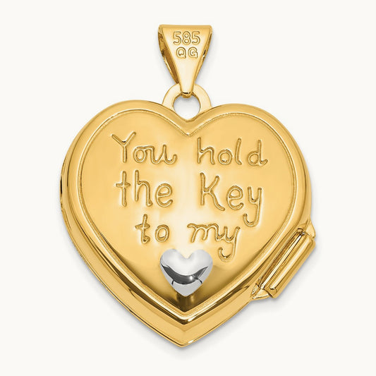 KEY TO MY HEART Reversible Heart Locket, 18mm, 14K with White Rhodium