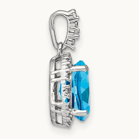 Oval Blue Topaz and Diamond Halo Pendant, 14K White Gold
