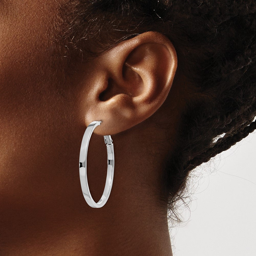 Polished Square Tube Round Hoop Earrings — 14K White Gold, 3x40mm