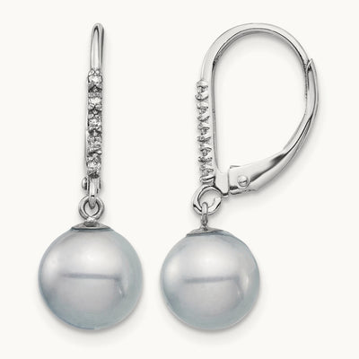8- Grey FWC Pearl .05ct Diamond Leverback Earrings, 9mm, 14K White Gold