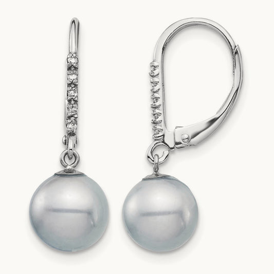 8- Grey FWC Pearl .05ct Diamond Leverback Earrings, 9mm, 14K White Gold