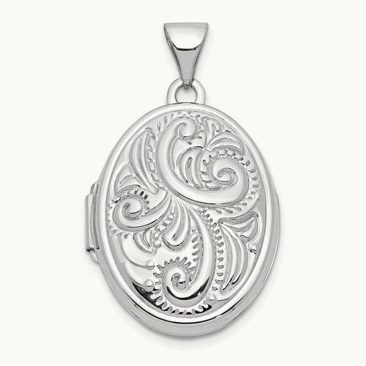 Scroll Design Domed Oval Locket, 14K White Gold