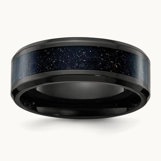 Polished Black IP w/Blue Star Sandstone Inlay Band, 8mm, Stainless Steel