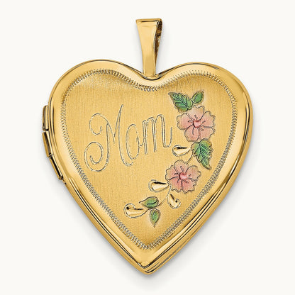 Enameled Floral MOM Heart Locket, 20mm, 14K Yellow Gold