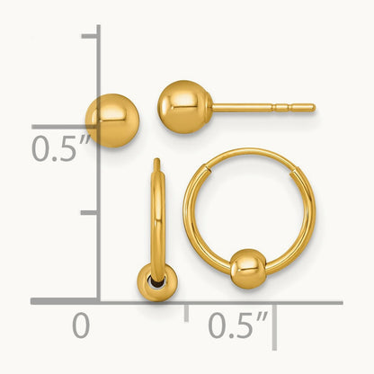 Polished Set of Two Post and Hoop w/ Bead Earrings, 14K