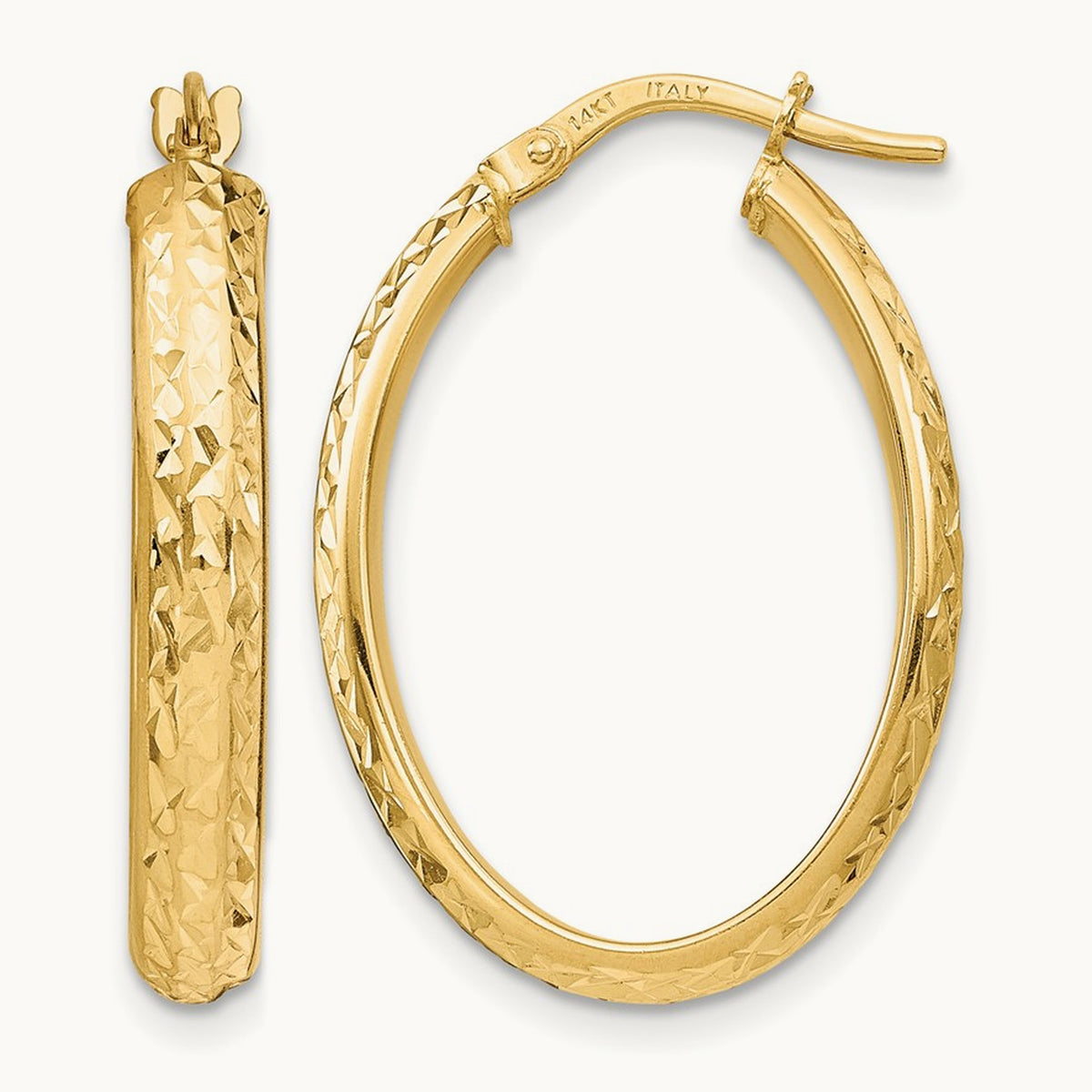 Polished Diamond-cut Oval Hoop Earrings — 14K Yellow Gold
