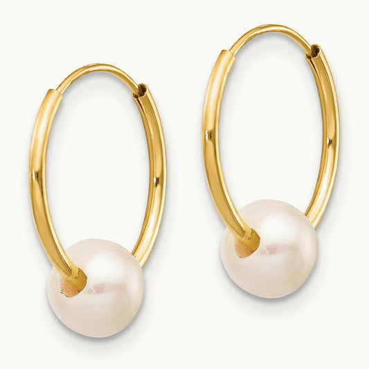 5- White Semi-round Freshwater Cultured Pearl Endless Hoop Earrings, 6mm, 14K
