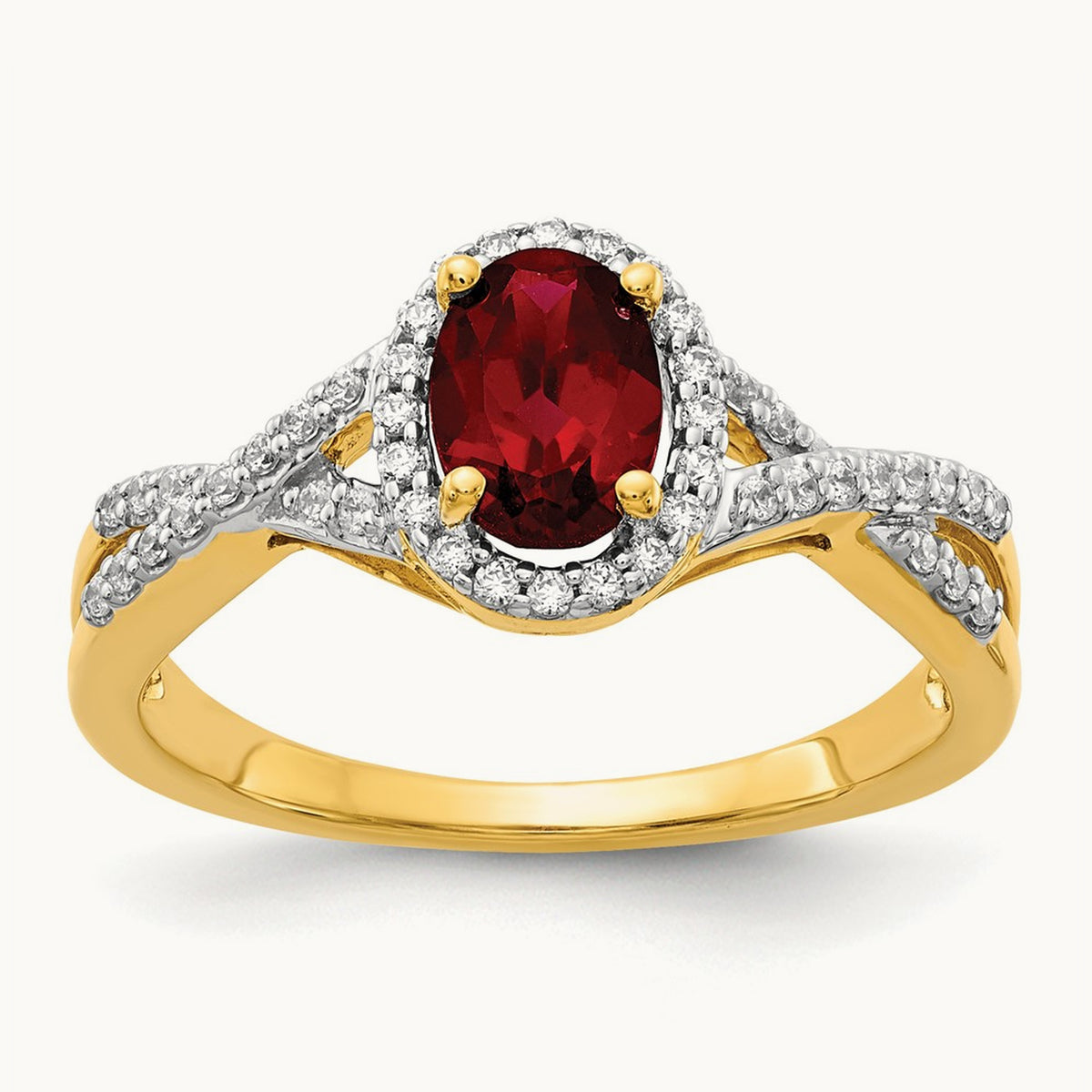 Created Ruby Oval Halo Ring — 14K Yellow Gold, 7
